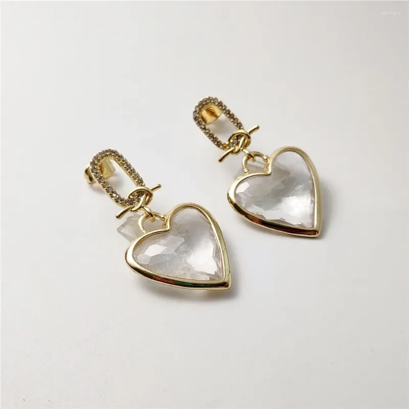 Dangle Earrings FUWO Handcraft Natural Clear Quartz Handcrafted Heart Shaped Faceted Crystal Cubic Zircon Jewelry For Women (ER475CZ-1)