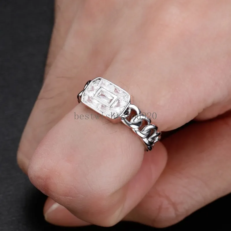 Anello a catena zircone ghiacciata hip hop out apresi anelli di dito del diamante da uomo bling in argento in argento in argento