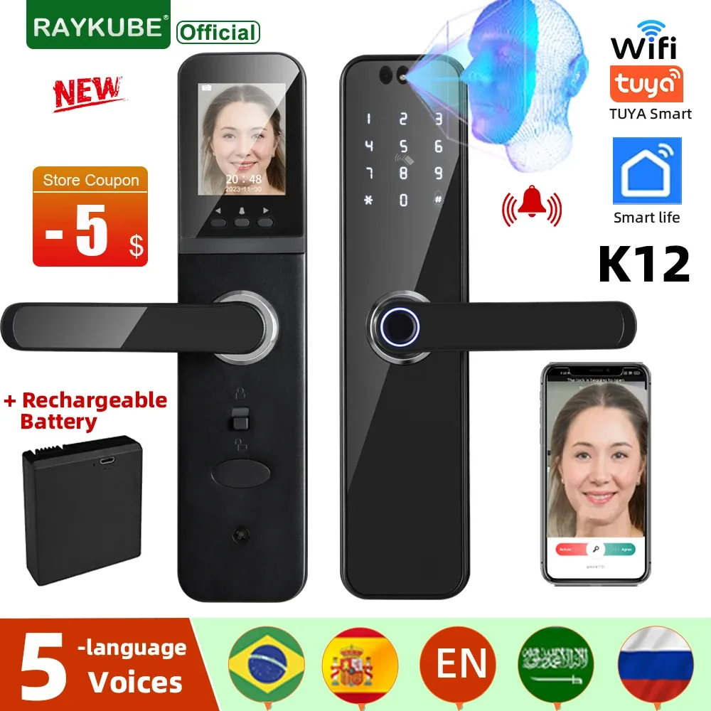 Lock Raykube K12 Tuya WiFi Camera Electronic Lock 3D Face Recognition Fingerprint Smart Deur Lock met scherm Oplaadbare batterij