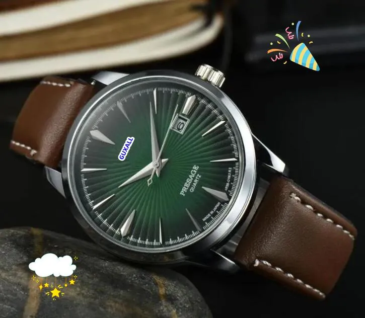 Beliebte Männer 3 Zeiger Uhren 41mm Auto Date gut aussehend gut aussehende coole Männeruhr Edelstahl Hülle Lederband importiert Quarz Bewegung Tauch Timer Uhrengeschenke