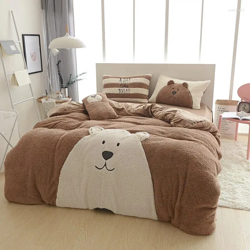 Sängkläder set söt hundbjörn säng linne designer vinter varm kashmir set housse de couette quilt cover