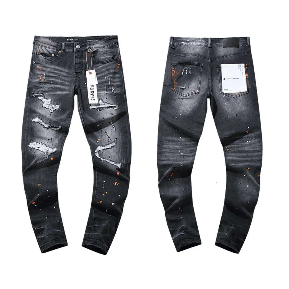 24SS Trendy Purple Hand Painted Ink Splashed Washed Denim Pants