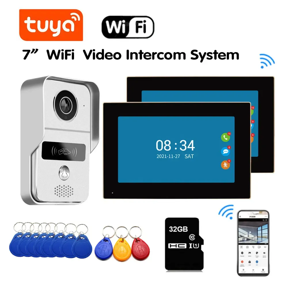 Intercom Smart 7 Zoll Monitor WiFi Tuya Video Türklingel Outdoor -Tür Glocken wasserdichtes IP65 -Gegenstand Induktionskarte Entsperren Sie Tür Telefonkamera