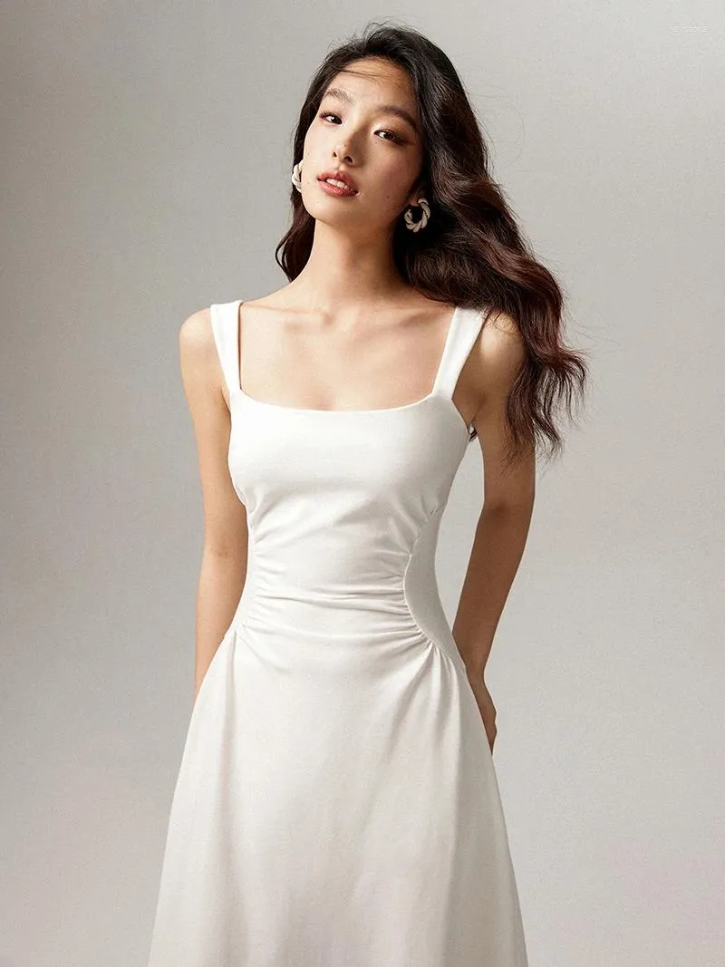 Casual Polyester Midi Dress with Empire Waist and Pleated Design for Women,  Mid-Calf Length, Sleeveless, Square Collar, White from Dhgate Basic &  Casual Dresses - price 72.28