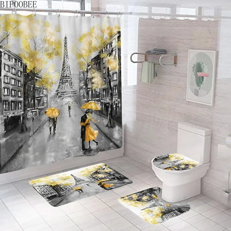 Rideaux de douche Eiffel Tower Lover rideau imprimé Paris Paysage de salle de bain Set Toilet Cover Anti-Skid Taps Bath Mat à la maison Décor