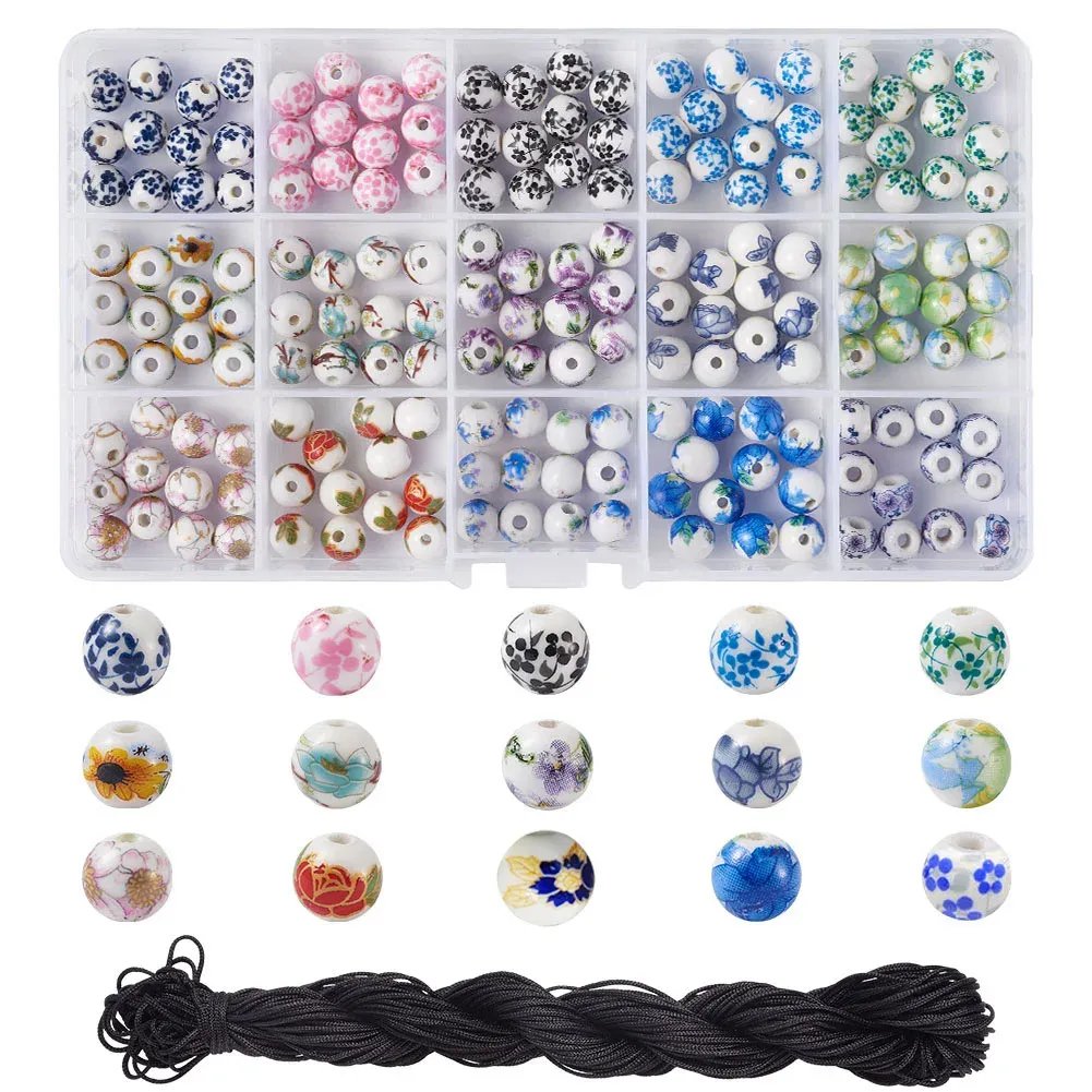 Andere Pandahall -DIY -sieradenkits met 180 pc 8 mm ronde gedrukte porseleinen kralen en nylon draad nylon string voor kralen sieraden maken