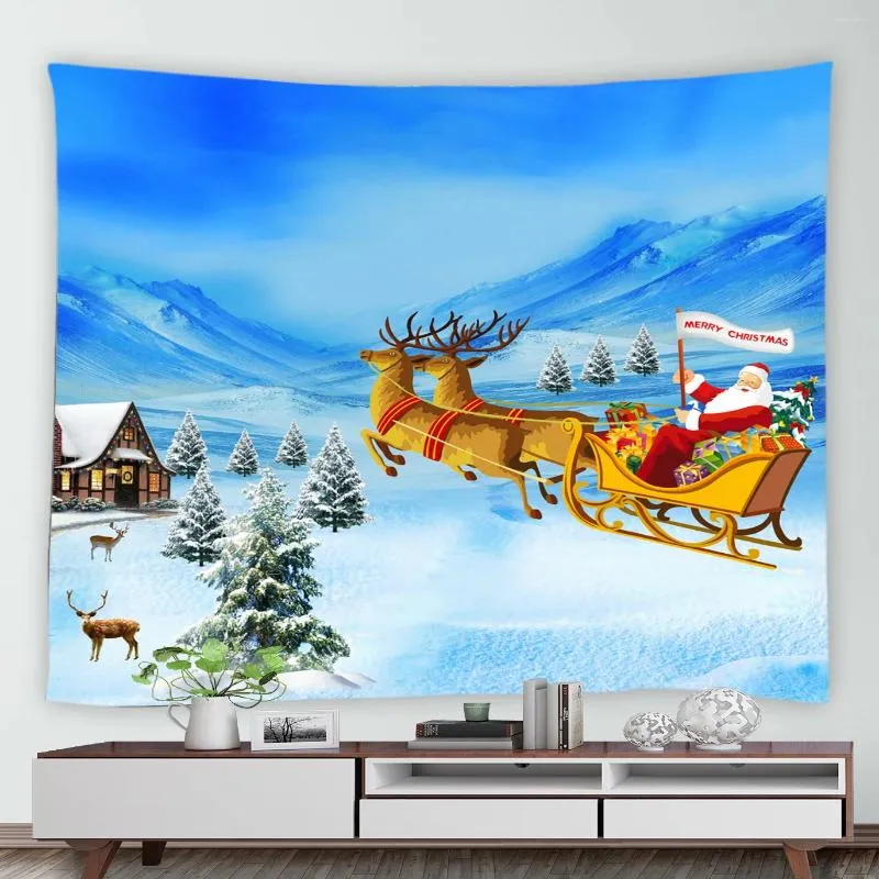 Tapissries Cedar Reindeer Santa Claus Christmas Tapestry Xmas House Elk Winter Nature Landscape Wall Hanging Chic Year Party
