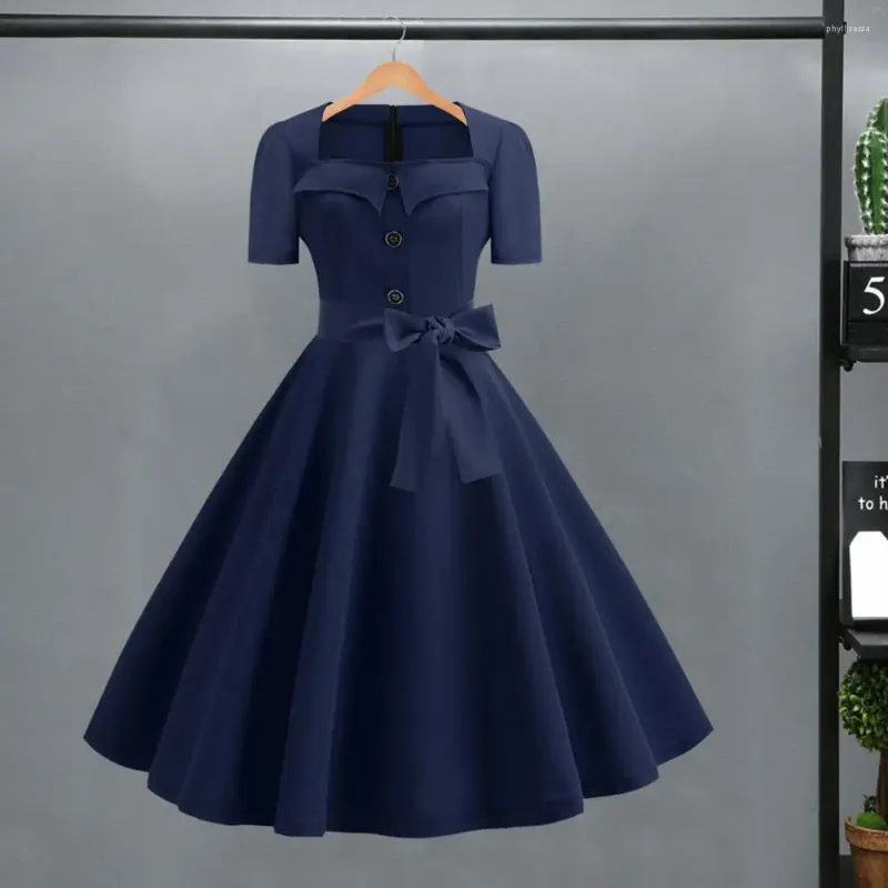 Sıradan Elbiseler Vintage Pin-Up Elbise 1950'ler Kare Boyun Midi ile Büyük Kereste Yay Retro A-Line Balo Nokta Baskı Renk