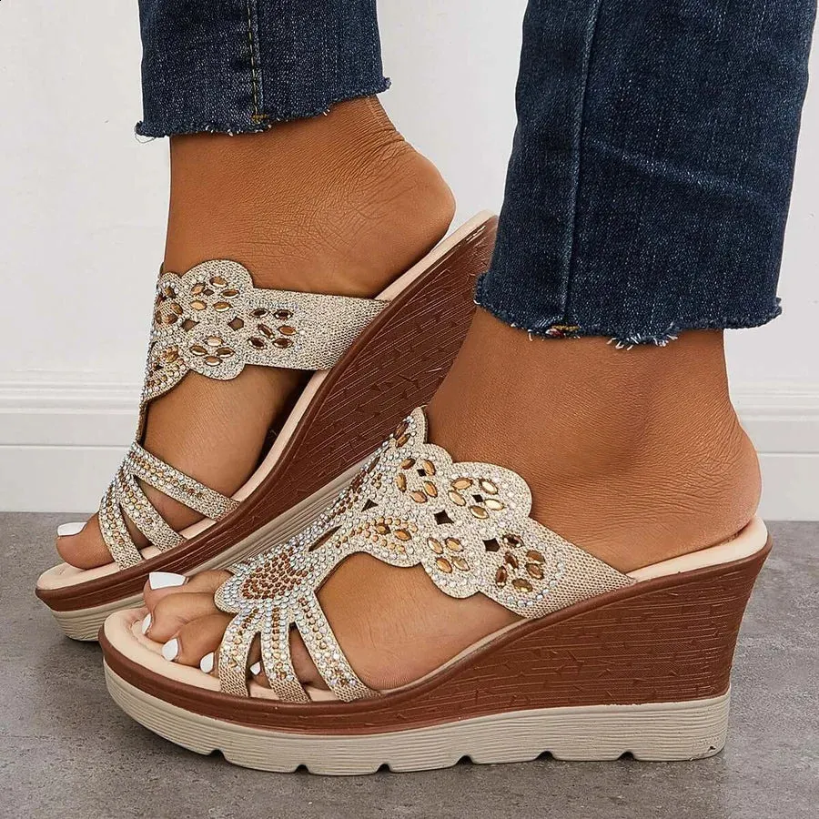 Women Round Toe Wedges Heel Shoes Ladies Casual Open Toe Comfort Spring Summer Rhinestone Slippers Party Sandals Plus Size 35-43 240322
