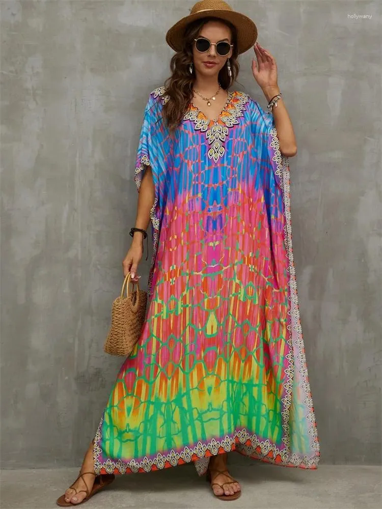 Vestidos de tamanho grande gradiente Multicolor impresso Sexy V Vestido Longo para Mulheres 2024 Casual Vacadas de Vacadas de Verão Praia Máxi Q1464