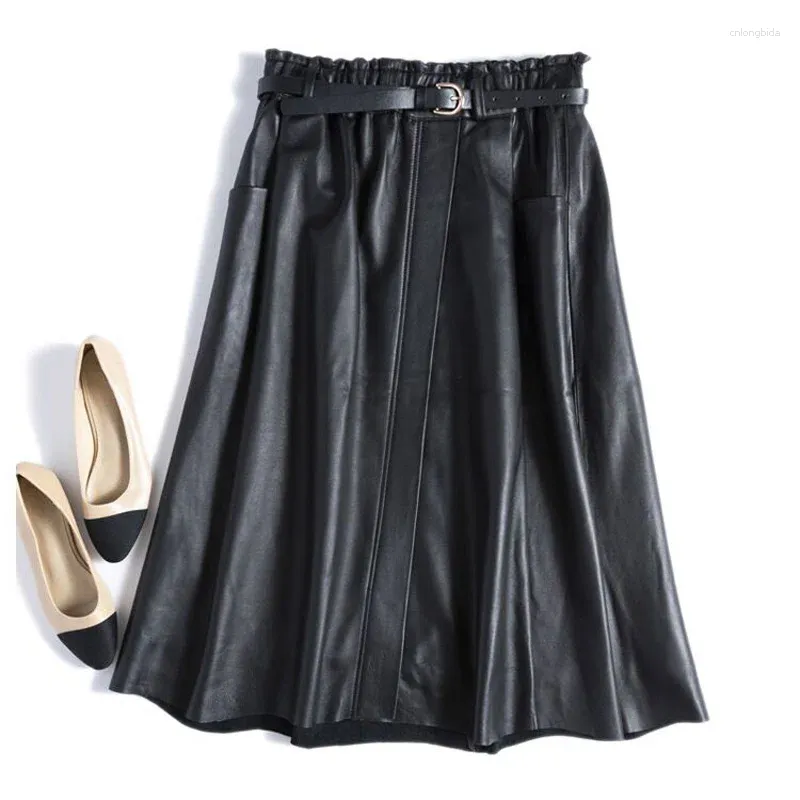 Skirts Genuine Leather Women Clothing England Fashion Sashes Elastic Waist Umbrella Pleated Skirt Femme Chic Beige Fold Streetwear