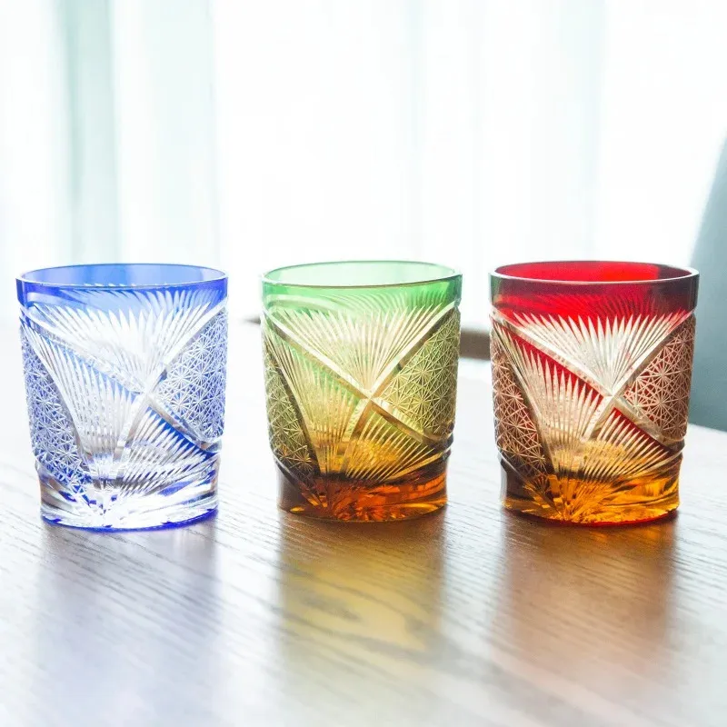 Hand Cut To Clear Black 8oz Edo Kiriko Crystal Rock Whiskey Glass Colored Drinkingware Gift Packing 1pc For Wedding Party