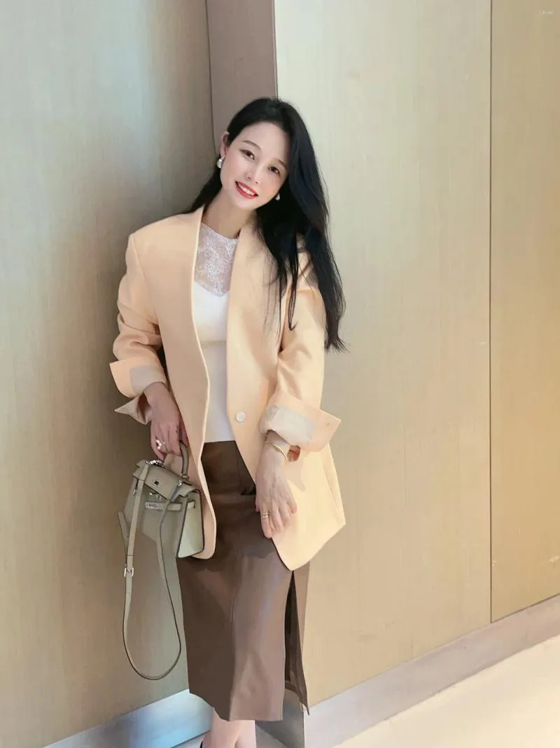 Damespakken 2024 Spring Elegant Office Ladies Wool Blended Blazer Lange Mouw Fashion Single Button rechte losse jas