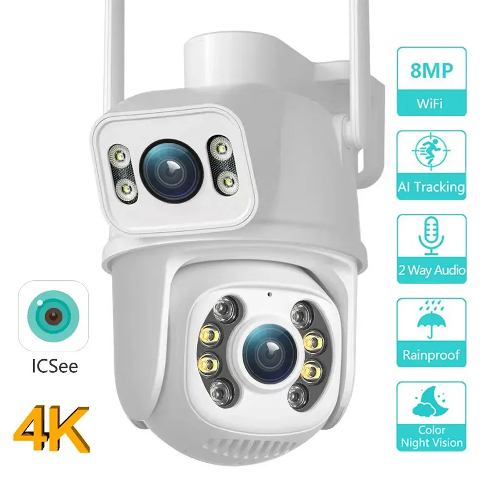 Камеры 4K 8MP 4MP Dual Lens PTZ Wi -Fi IP -камера с двумя экранами AI Auto Tracking Outdoor Security Security CCTV -камера ICSEE приложение ICSEE