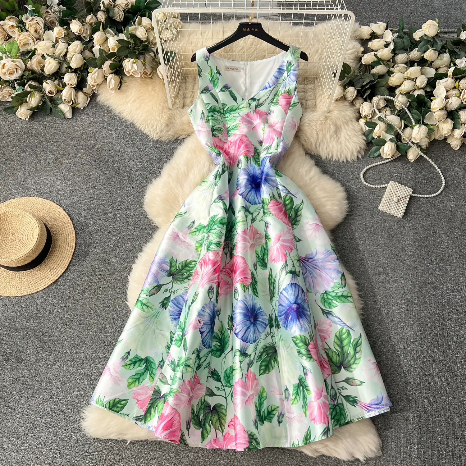 Women Basic Casual Dresses Runway Designer Jacquard Summer Dress Women's Sleeveless Tank O Neck Vacation Floral Print Belt Ball Gown Robe Vestidos 2024