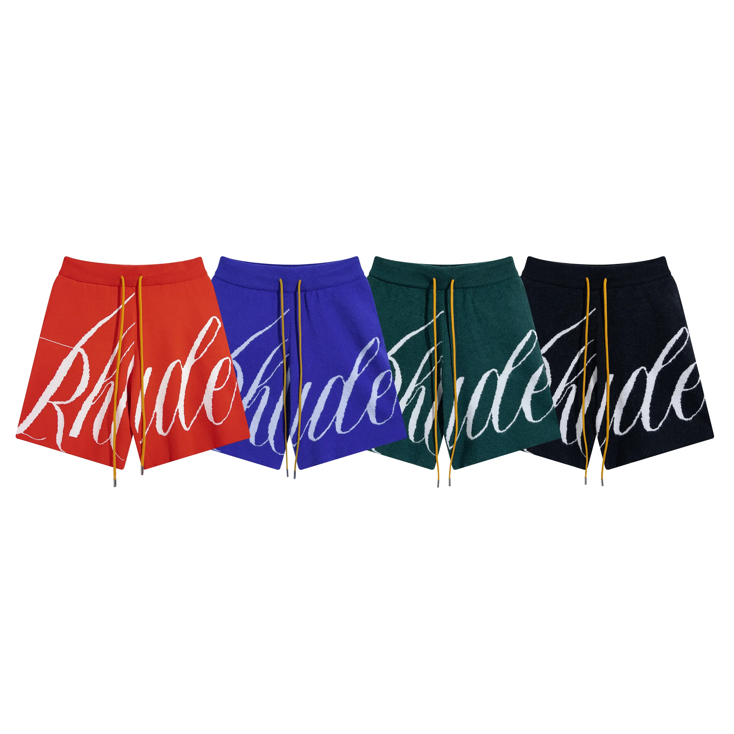 Rhude Mens Shorts American Style High Street Summer Letter 로고 Jacquard Drawstring 니트 캐주얼 한 느슨한 반바지 디자이너 고급 브랜드 체육관 스포츠 남성 단편