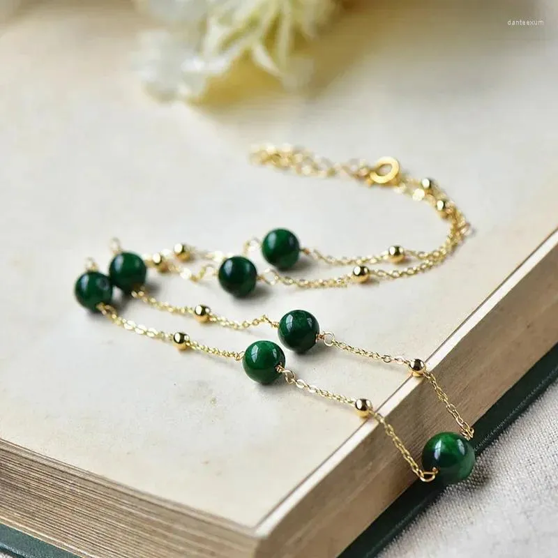 Kedjor naturlig grön jade runda pärlor halsband för kvinnor 14 k guldfylld klumpkedja retro charm eleganta lyckliga smycken