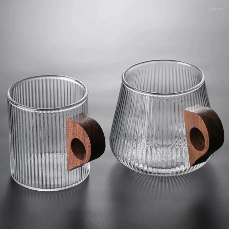 Verres à vin en verre tasse de café tasse de style japonais avec poignée en bois rayures verticales thé lait home office drinkware bière cadeau