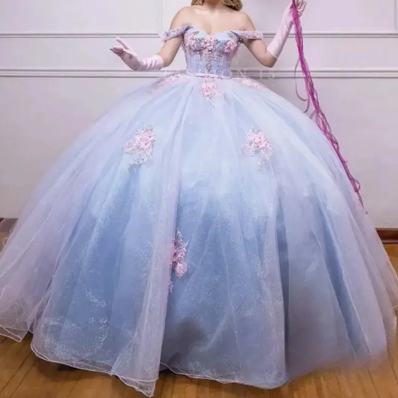 Sky Blue Quinceanera Dresses 3D Butterfly Sweet 16 Prom Birthday Party Ball Gown main image 1