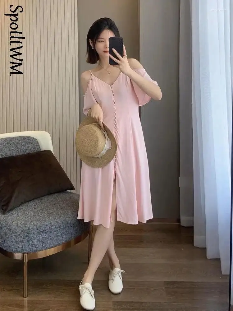 Party Dresses Female Solid Split Strap Slim Midi Dress Elegant V Neck Short Sleeve Single Breasted Vestido 2024 Spring Summer Sexy Woman