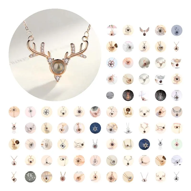 Colliers pendentiels bijoux de la mode projection de coeur creux de 100 types de langues je t'aime collier de mémoire