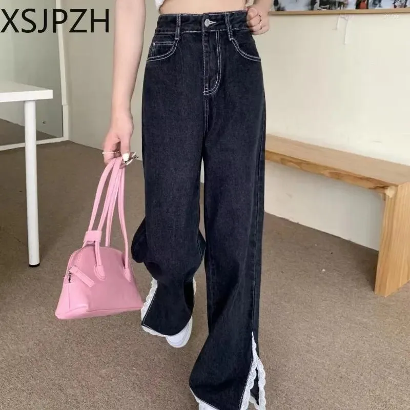 Women's Jeans Pants High Waisted Wide Leg Fashion Lace Splicing Slit Design Loose Straight Casual Versatile Trousers