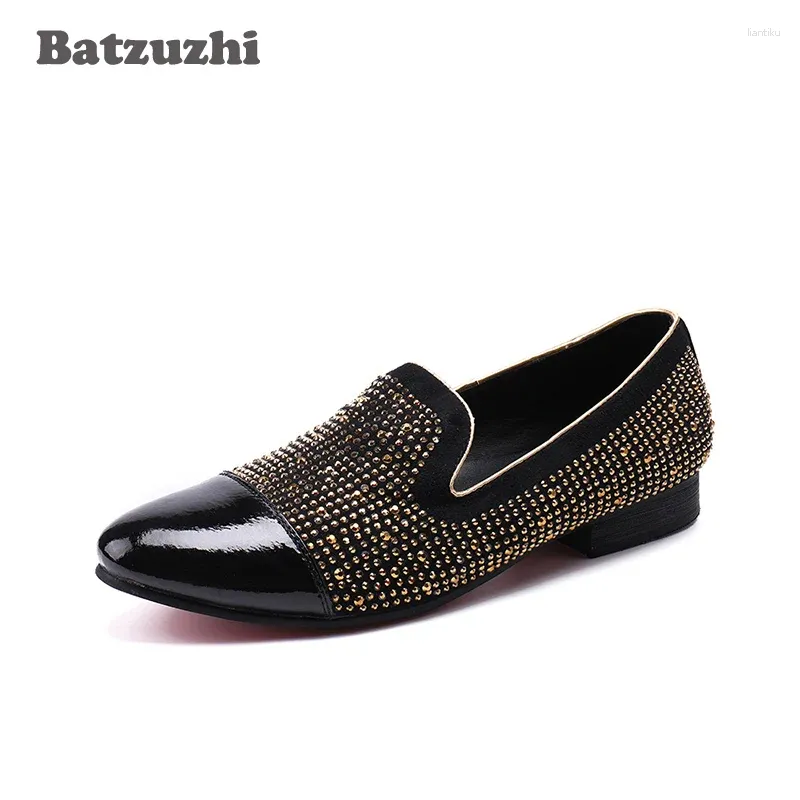 Lässige Schuhe Luxus Männer Italienische handgefertigte echte Lederkleid Flats Gold Crysal Party Schuh Hochzeit Zapatos Hombre US12