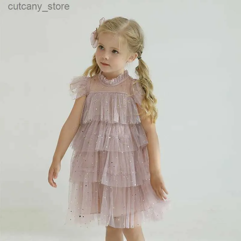 Flickas klänningar barnklänning för flickor prinsessan mesh cake paljett tutu bollklänning barn sommar ruffs egant fest bröllop brudtärna kläder l240402