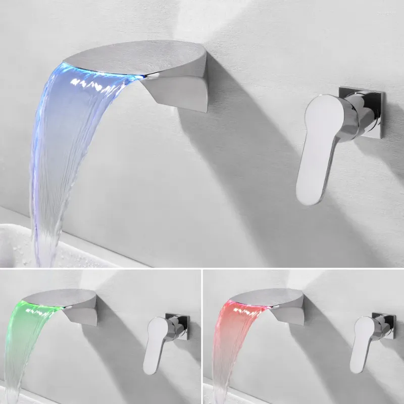 Bathroom Sink Faucets SKOWLL Waterfall Bathtub Faucet Wall Mount 3 Color LED Tub Filler 2 Hole Polished Chrome HG-292