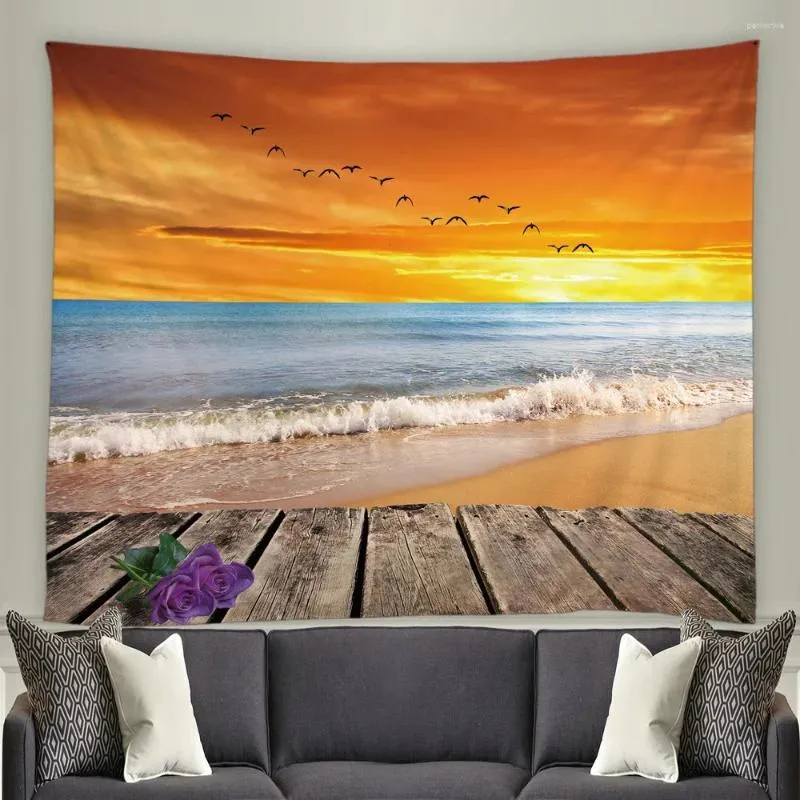 Tapestries Tropical Plants Tapestry Palm Tree Sunset Wall Hanging Ocean Wave Picnic Beach Decoration Ship Blanket Starfish Polyester