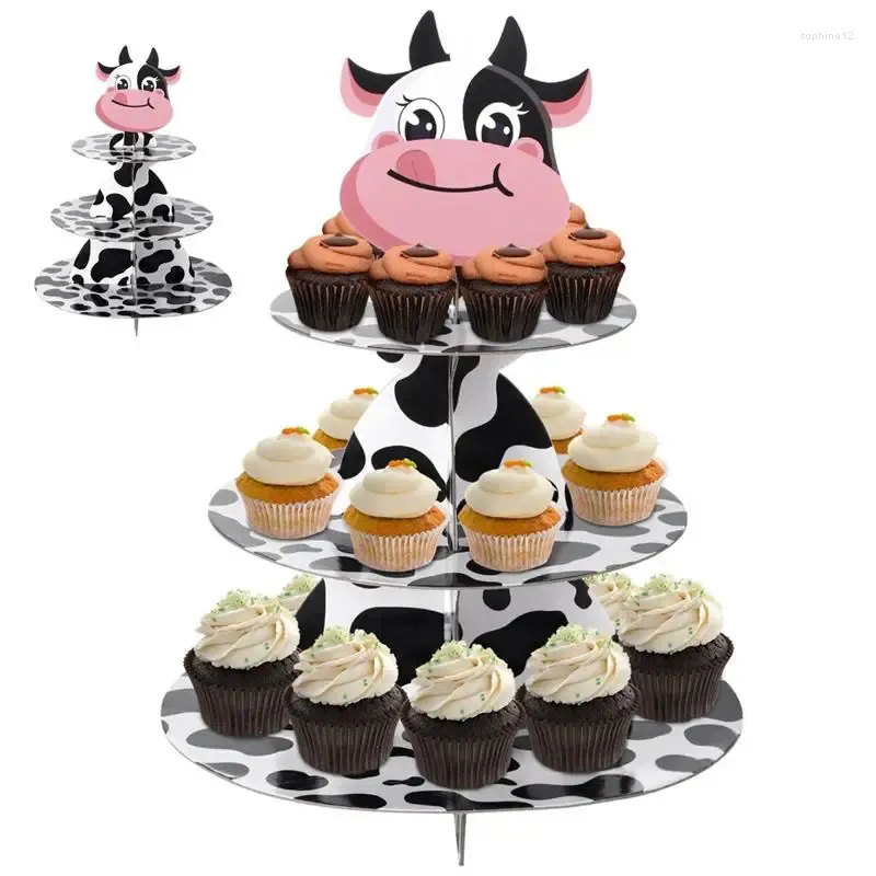 Gift Wrap Cow Print Cupcake Stand à 3 niveaux de ferme Animal Holder Cardboard Adorable Fourniture de fête à thème Adorable DÉCOR