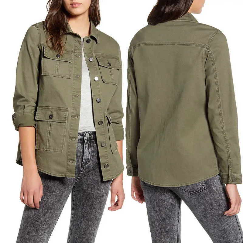 Anpassad grossist Fall Work Wear Female Army Green Pockets Button Fly Jacket Kvinnor Twill Cotton Utility Safari