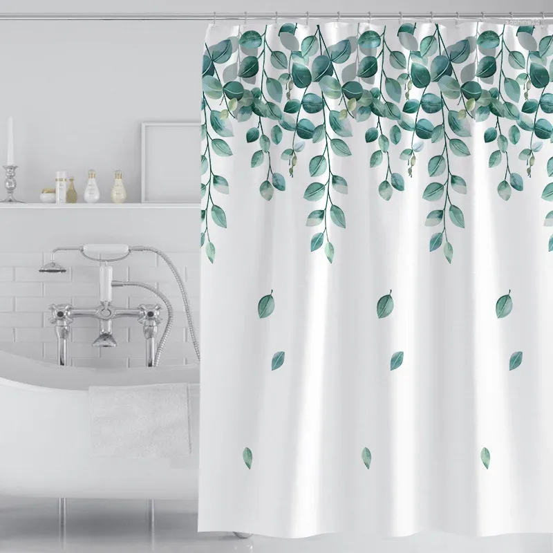 Duschgardiner små färska fallna blad gardin förtjockade vattentätt polyesterbad med krok badrumstillbehör