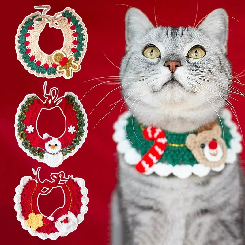 Festive Pet Scarf Collar with Bow Cute Christmas Cat Dog