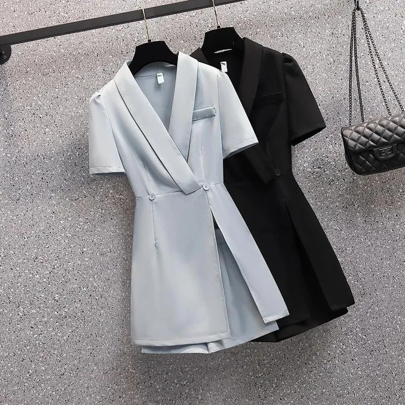 Suits-survêtements pour femmes Souet deux pièces pour femmes Mini Cost Collar Robe tops and short Female grande taille Black Black Elegant Office