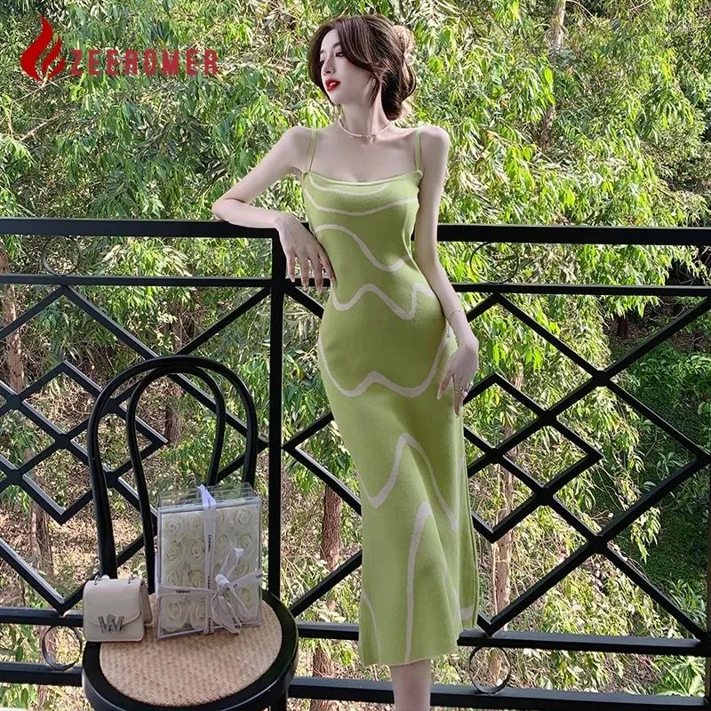 Casual Dresses 2024 French Elegant Green Striped Knitted Strap Long Dress Women Summer High Grade Wave Slim Sleeveless Party
