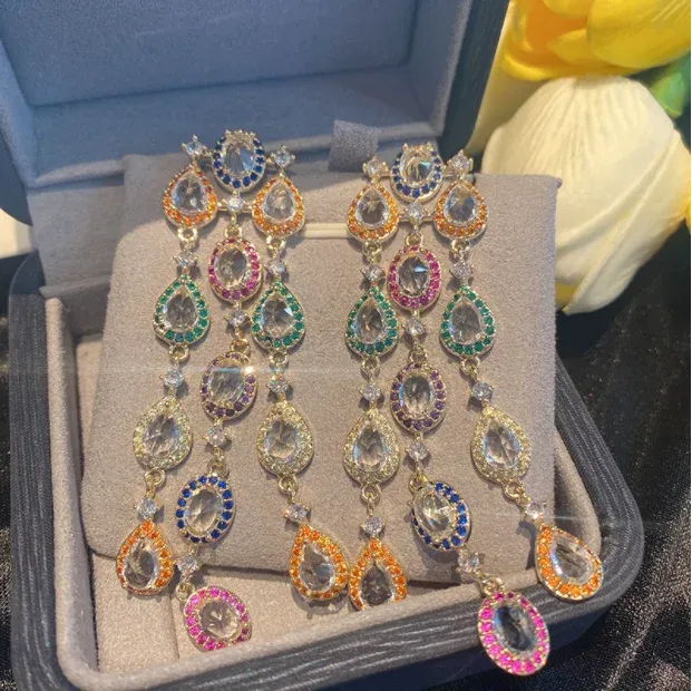 Orecchini S925 Ago argento bohémien gioielli multicolori Orecchini scintillanti con zircone Accessori per matrimoni lunghi