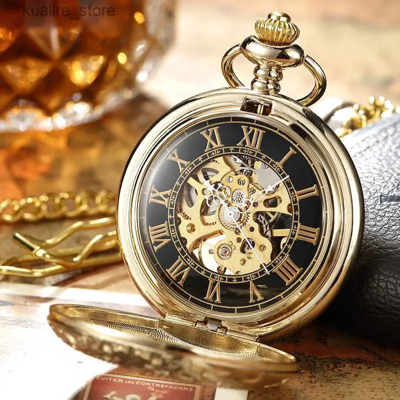 Карманные часы роскошные ретро золотой полой скелет механический карманный мужской мужской цепь сталь стальная изысканная скульптура женская карманная ват Gif L240402