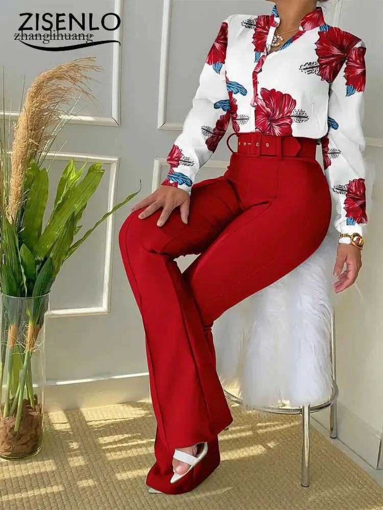 Tvådel kvinnors byxor topp kvinnor casual mode kostym tryckt skjorta hög midja set chic och elegant kvinna set 230313