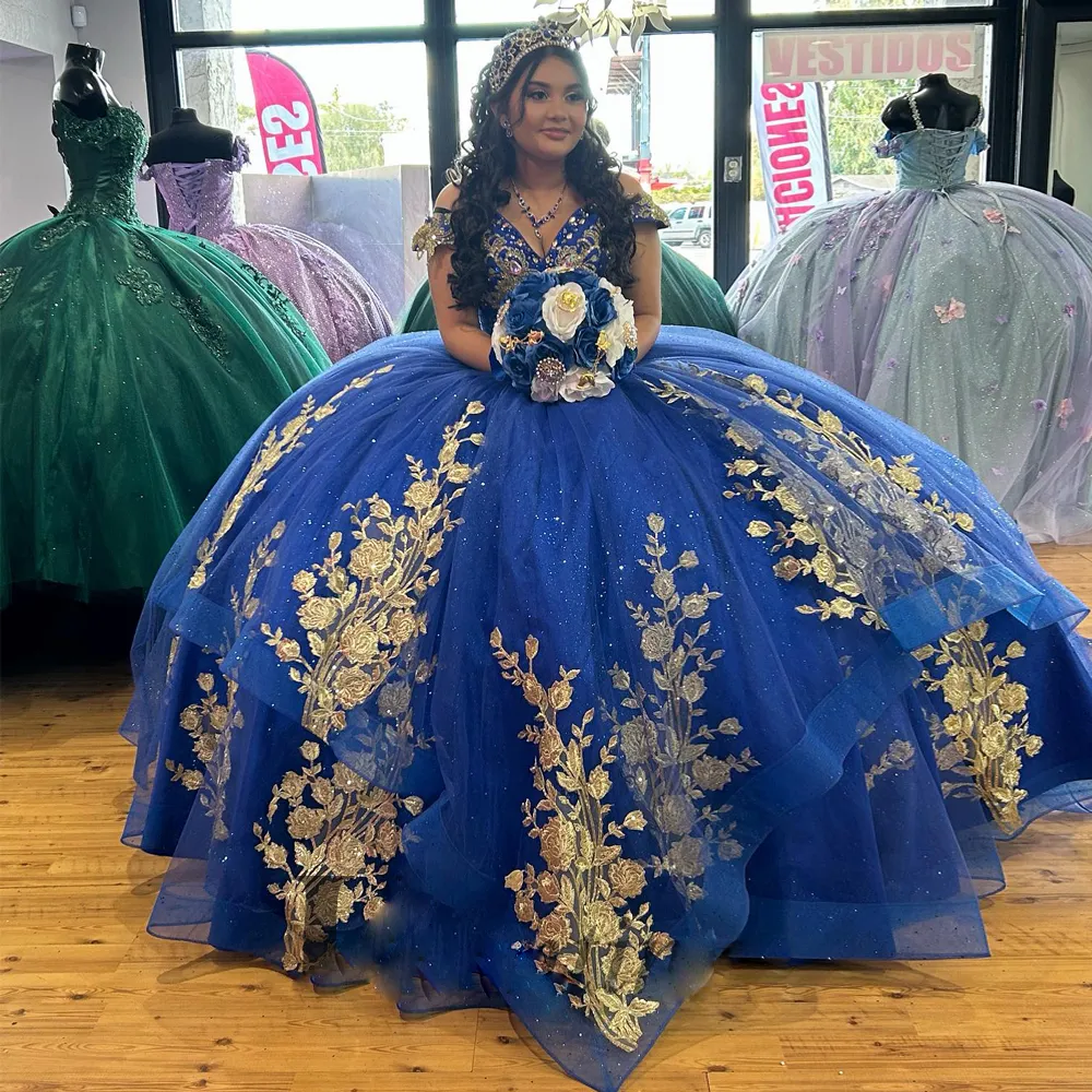 زائد الحجم فستان Quinceanera قبالة الكتف مع الدانتيل الحلو 15 فستان الحفلة الكريستال ثوب الكرة