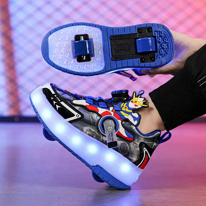 Boys sneakers rotating button cartoon usb charging bright light roller skating rampage shoes elementary school childrens 240321