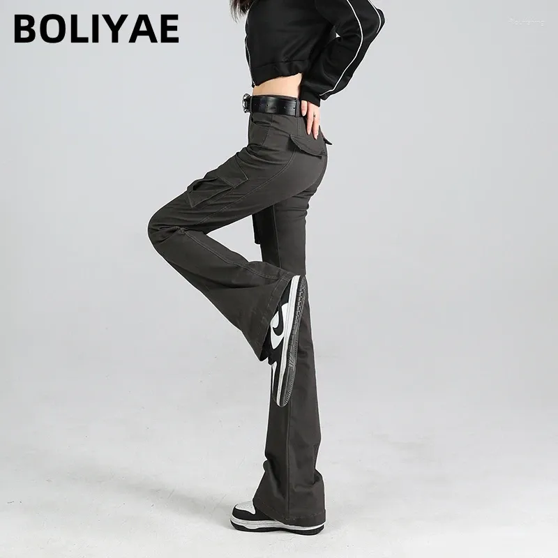 Женские джинсы Boliyae Slim Flare Женщины 2024 High Street Vintage Elasticty Bunders шика