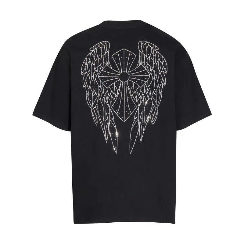 T-shirt da Trendy Crooker Versão com Diamond Angel Wings Cross Cross Pure Cotton Short manga curta