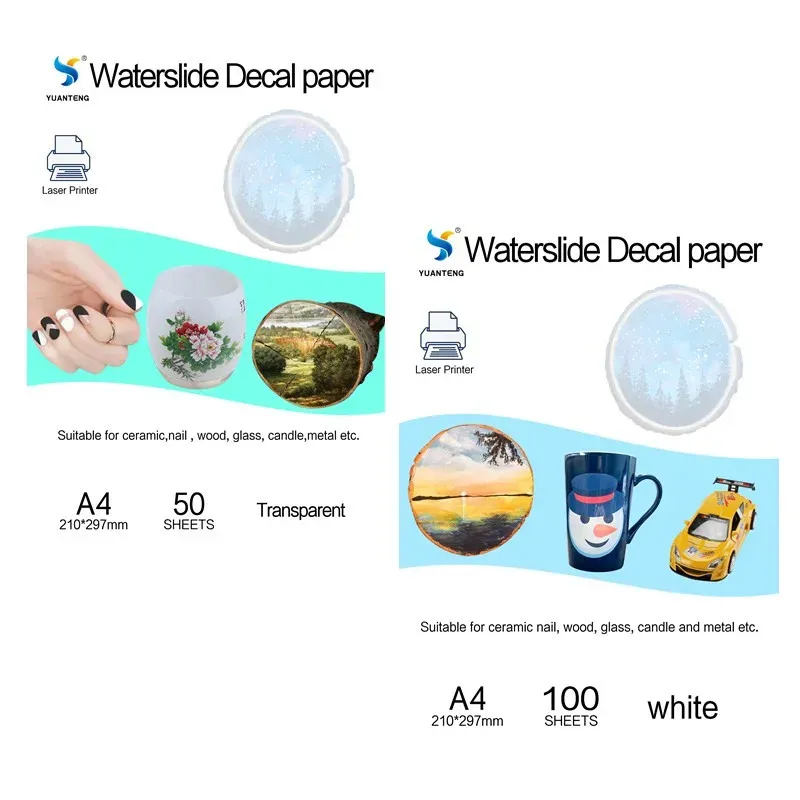 Papperslaservatten Slide Decal Transfer Paper 100 Sheets White+50 Sheets Clear A4 Storlek Inget behov Spray Waterslide Printing för keramiska koppar