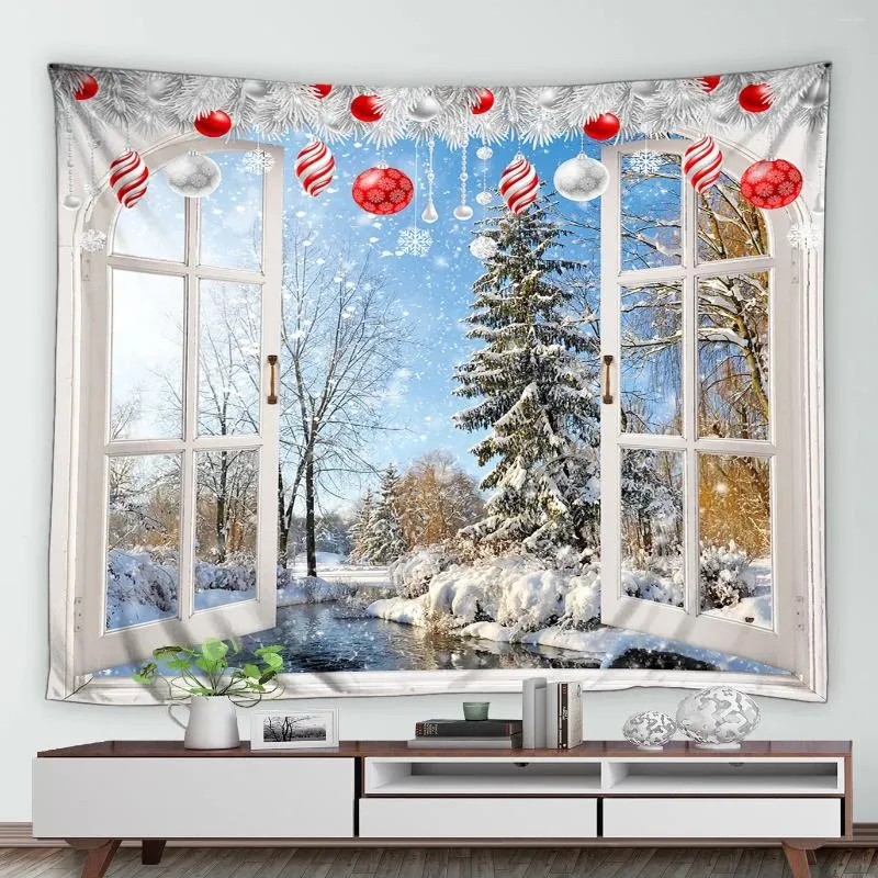Tapissries Vinterlandskap Tapestry White Window Forest Cedar Trees Xmas Balls Year Christmas Wall Hanging Home Living Room Bed Decor