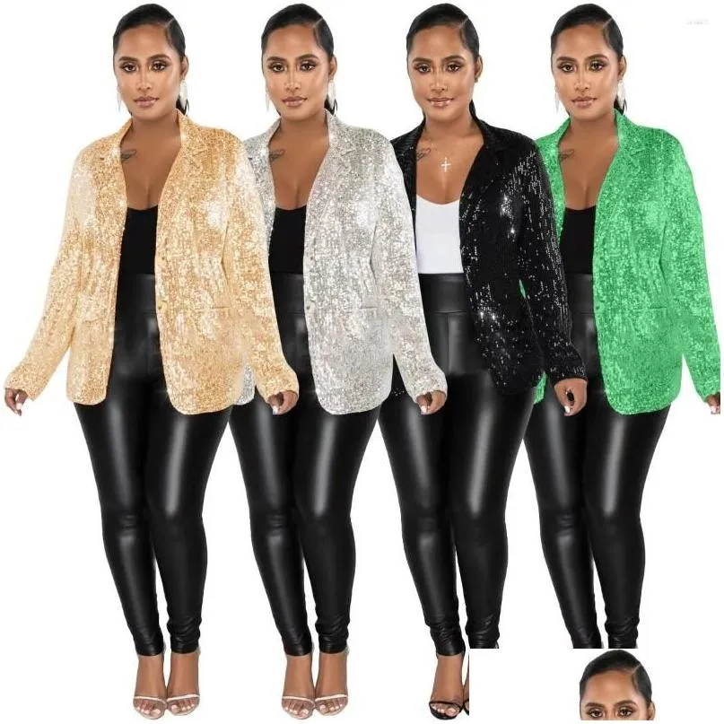 Costumes de femmes Blazers Femme Femme paillette Blazer Veste brillante paillette brillante étincelle à manches longues ou ouverte