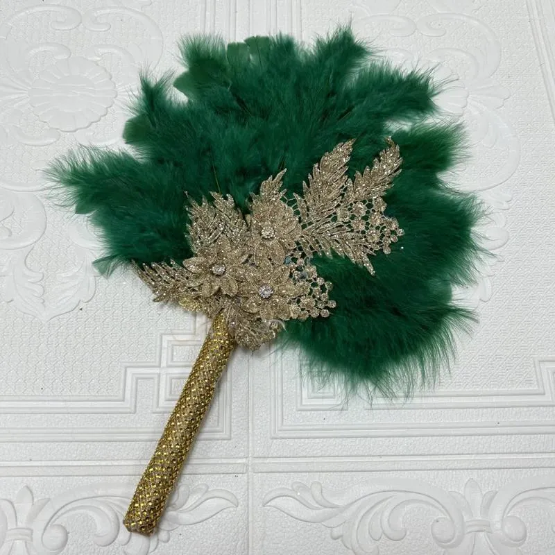 Decorative Figurines 1pcs African Green Turkey Feather Hand Fan Handmade Fans For Wedding Decoration With Flowers Single Side