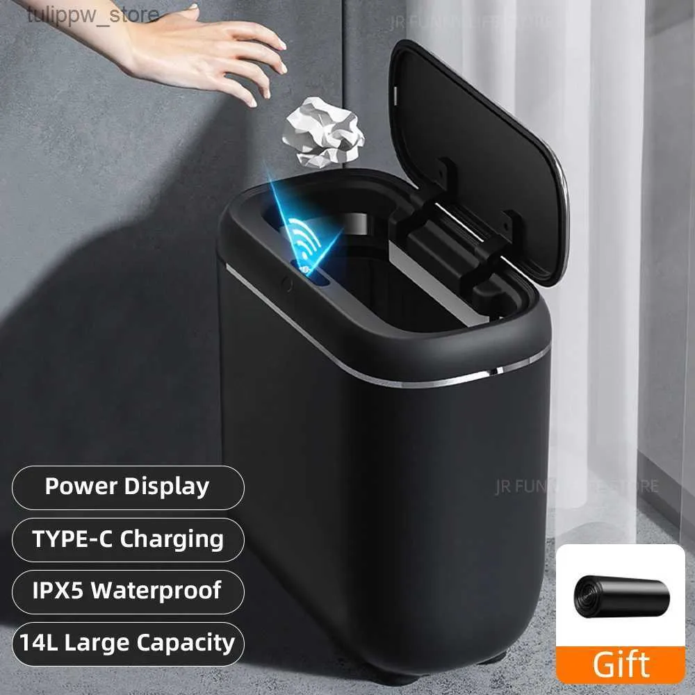 Avfallsbehållare 14L Smart smalt papperskorgen kan IPX5 vattentät automatisk sensor Badrum Trash Can Type-C laddning av avloppskorgen Smart Home L46