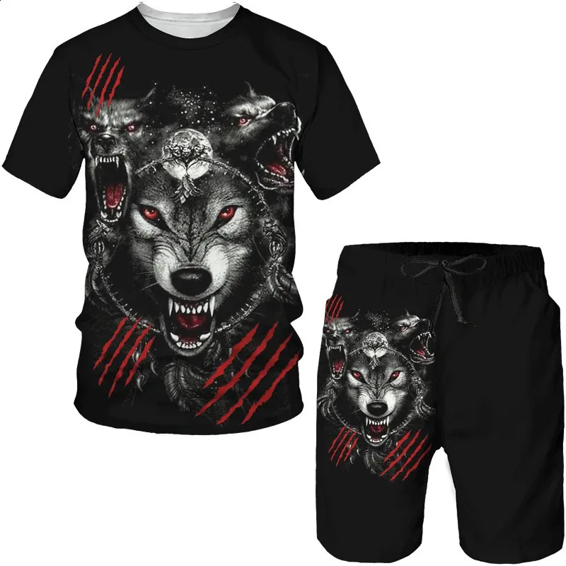 Summer Men Tracksuit Wolf 3D Printed Short Sleeve Sportwear Fashion Outfit T -Shirt Shorts 2 Stück Freizeitanzug übergroße männliche Set 240325