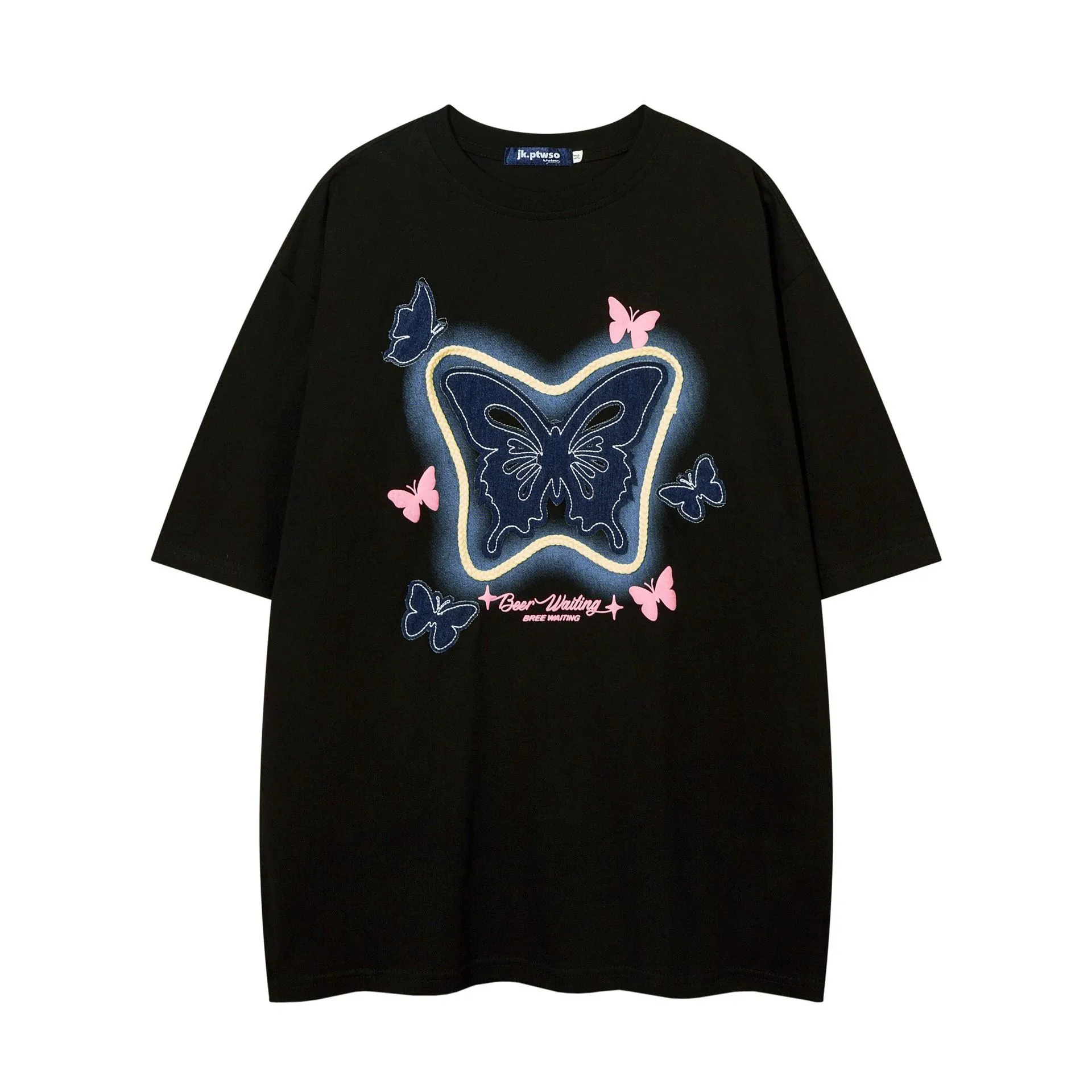 Oversized T-Shirt Embroidery Butterfly Patch Tshirt Streetwear 2024 Hip Hop Loose Short Sleeve Shirts Men Cotton Tops